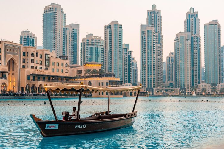 downtown, dubai, uae, tourism, city, people, buildings, sunset, water, nature, pond, boat