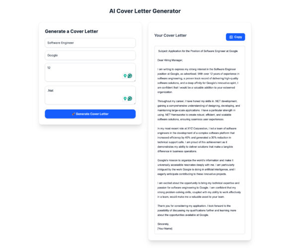 create a personalized, professional, and job-specific cover letter in seconds