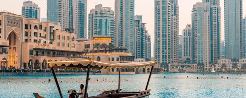 downtown, dubai, uae, tourism, city, people, buildings, sunset, water, nature, pond, boat